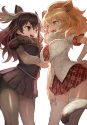 Rule 34 | 2girls, :d, animal ears, antlers, backlighting, black eyes, black hair, black legwear, blonde hair, breasts, contrapposto, cropped, crossed arms, eye contact, fangs, hair between eyes, hand on own hip, highres, horns, impossible clothes, impossible shirt, kemono friends, lack, large breasts, lion (kemono friends), long hair, looking at another, messy hair, moose (kemono friends), multiple girls, necktie, open mouth, pantyhose, plaid, pleated skirt, shirt, short sleeves, simple background, skirt, smile, tail, teeth, thighhighs, upper teeth only, white background, white legwear