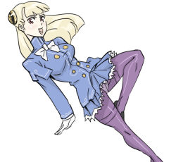 Rule 34 | 1girl, bad id, bb (baalbuddy), blonde hair, bow, breasts, capcom, capcom fighting jam, crotch seam, gloves, hairpods, inactive account, ingrid (capcom), jacket, long hair, mary janes, orange eyes, panties, panties under pantyhose, pantyhose, pantyshot, purple pantyhose, shoes, skirt, solo, thighband pantyhose, underwear, upskirt, white gloves