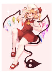 Rule 34 | 1girl, :d, absurdres, ascot, bare legs, blonde hair, blush, border, bow, breasts, crystal, drop shadow, flandre scarlet, full body, hair between eyes, hat, hat bow, highres, laevatein (touhou), looking at viewer, mary janes, matcha modoki (mutou 444), mob cap, one side up, open mouth, outline, outside border, pink background, pink hat, puffy short sleeves, puffy sleeves, red bow, red eyes, red footwear, red skirt, red vest, shoes, short sleeves, skirt, small breasts, smile, solo, sparkle, touhou, vest, white border, white outline, wing collar, wings, yellow ascot
