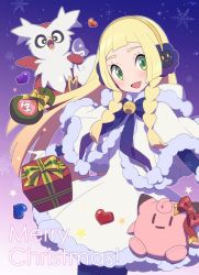 Rule 34 | 1girl, agata (agatha), bad id, bad twitter id, blonde hair, bow, braid, clefairy, cosmog, creatures (company), delibird, dress, game freak, gen 1 pokemon, gen 2 pokemon, gen 7 pokemon, gift, green eyes, heart, legendary pokemon, lillie (pokemon), long hair, looking at viewer, merry christmas, night, night sky, nintendo, pantyhose, pokemon, pokemon (creature), pokemon sm, sky, smile, snow, white dress, winter clothes