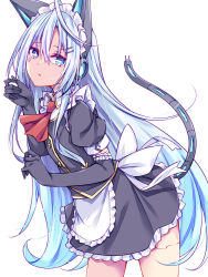 Rule 34 | 1girl, :&lt;, android, animal ears, ascot, blue eyes, blue hair, cable, cable tail, cat ears, cat tail, fake animal ears, headphones, long hair, looking at viewer, maid, maid headdress, mechanical tail, original, shaped pupil, shoulder gloves, suterii, tail, very long hair