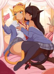 Rule 34 | 2019, 2girls, animal ears, artist name, ass, warrior of light (ff14), bad id, bad pixiv id, bare shoulders, between breasts, black hair, black legwear, blonde hair, blue cardigan, blue eyes, blue hair, borrowed character, bow, breasts, cardigan, cat ears, cat tail, cellphone, closed mouth, collared shirt, commission, dress shirt, facial mark, final fantasy, final fantasy xiv, grey skirt, hair bow, hand on another&#039;s hip, hand on another&#039;s shoulder, high ponytail, highres, hug, kneeling, leg between thighs, long hair, long sleeves, medium breasts, merunyaa, miniskirt, miqo&#039;te, mole, mole under eye, multiple girls, necktie, necktie between breasts, no bra, no panties, off shoulder, open cardigan, open clothes, open shirt, orange eyes, pantyhose, parted lips, phone, pillow, plaid, plaid skirt, pleated skirt, school uniform, selfie, shirt, sitting, skirt, smartphone, smile, swept bangs, tail, tail bow, tail ornament, thighhighs, very long hair, whisker markings, white shirt, yuri