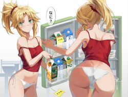 Rule 34 | 1girl, ass, back, bare shoulders, blonde hair, braid, breasts, camisole, carton, collarbone, commentary request, crop top, dolphin shorts, fate/apocrypha, fate (series), french braid, green eyes, grey shorts, hair ornament, hair scrunchie, highres, jewelry, licking lips, long hair, looking at viewer, midriff, milk carton, mordred (fate), mordred (fate/apocrypha), multiple views, navel, necklace, panties, ponytail, red camisole, refrigerator, revision, scrunchie, short shorts, shorts, side-tie panties, sidelocks, small breasts, tank top, tonee, tongue, tongue out, translated, underbutt, underwear, white panties