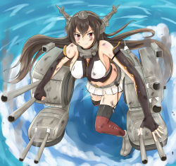 Rule 34 | 10s, 1girl, bare shoulders, black hair, blush, boots, breasts, cannon, clenched hand, elbow gloves, fingerless gloves, gloves, gun, hair ornament, headgear, injury, kantai collection, large breasts, long hair, midriff, miniskirt, nagato (kancolle), nuppunuppu, personification, red eyes, sideboob, skirt, smile, smoke, smoking gun, solo, soot, thighhighs, torn clothes, torn skirt, turret, weapon, zettai ryouiki