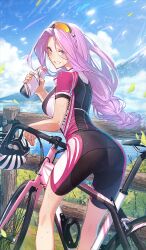 Rule 34 | 1girl, ass, bicycle, bicycle helmet, bike shorts, black shorts, blue sky, blush, bottle, braid, braided ponytail, breasts, cycling uniform, fate/grand order, fate (series), forehead, grin, helmet, large breasts, long hair, looking at viewer, looking back, medusa (fate), medusa (rider) (fate), official art, parted bangs, purple eyes, purple hair, short sleeves, shorts, sidelocks, sky, smile, solo, sports sunglasses, sunglasses, sweat, third-party source, unworn headwear, unworn helmet, very long hair, water bottle, yachimoto