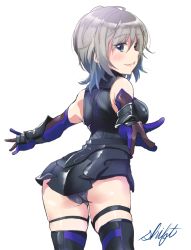 Rule 34 | 1girl, anastasia (idolmaster), ass, bare shoulders, blue eyes, blush, cosplay, elbow gloves, fate/grand order, fate (series), from behind, gloves, idolmaster, idolmaster cinderella girls, looking at viewer, looking back, mash kyrielight, shielder (fate/grand order) (cosplay), shift (waage), short hair, signature, silver hair, simple background, smile, solo, thighhighs, white background
