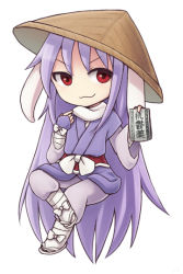 Rule 34 | 1girl, :3, ajirogasa, animal ears, bandages, bandaged arm, bandaged leg, bow, rabbit ears, chibi, hat, holding, japanese clothes, long hair, looking at viewer, no nose, purple hair, red eyes, reisen udongein inaba, sandals, solo, touhou, very long hair, white background, white bow, wide sleeves, ys (fall)