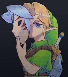 1boy belt blonde_hair blue_eyes brown_belt child closed_mouth commentary_request dark_background fierce_deity from_side green_hat green_tunic hat holding holding_mask link looking_at_viewer mask nintendo shield shield_on_back short_hair shoulder_belt solo sword the_legend_of_zelda the_legend_of_zelda:_majora&#039;s_mask tunic upper_body weapon weapon_on_back yamori_(yamoooon21) young_link