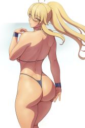 Rule 34 | 1girl, ahoge, artoria pendragon (fate), artoria pendragon (lancer) (fate), ass, back, bikini, blonde hair, blue bikini, blue wristband, breasts, eyebrows hidden by hair, facing away, fate/grand order, fate (series), green eyes, hair between eyes, highres, large breasts, long hair, looking at viewer, looking back, lvl (sentrythe2310), ponytail, simple background, solo, swimsuit, thighs, white background, wristband