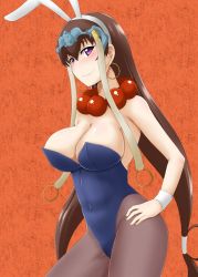 Rule 34 | 1girl, animal ears, bare shoulders, blush, breasts, brown hair, cleavage, cowboy shot, fake animal ears, fate/grand order, fate (series), jewelry, large breasts, long hair, looking at viewer, parted lips, playboy bunny, purple eyes, rabbit ears, sleeveless, smile, solo, underboob, xuangzang sanzang (fate), zerosu (take out)