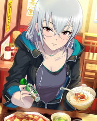 Rule 34 | 10s, 1girl, artist request, breasts, brown eyes, cleavage, collarbone, eating, food, glasses, hood, hoodie, idolmaster, idolmaster cinderella girls, jewelry, long hair, looking at viewer, necklace, official art, pepper shaker, restaurant, rice, serious, silver hair, sitting, solo, table, takamine noa