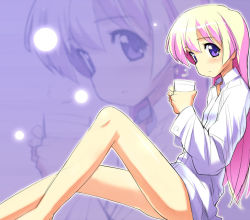 Rule 34 | 00s, 1girl, ass, blonde hair, cup, expressionless, full body, legs, long hair, looking at viewer, naked shirt, open mouth, pani poni dash!, purple background, purple eyes, rebecca miyamoto, shirt, sikorsky, sitting, solo, very long hair, zoom layer