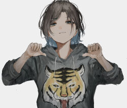 Rule 34 | 1girl, :d, animal print, asakura toru, blue hair, brown hair, colored inner hair, double thumbs up, drawstring, forehead, grey hoodie, grin, highres, hood, hood down, hoodie, idolmaster, idolmaster shiny colors, long sleeves, medium hair, multicolored hair, open mouth, parted bangs, pikuson, pointing, pointing at self, print hoodie, sidelocks, simple background, sleeves rolled up, smile, solo, straight-on, teeth, thumbs up, tiger print, upper body, white background