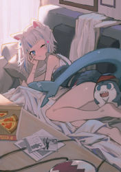 Rule 34 | 1girl, absurdres, animal ears, bloop (gawr gura), blue eyes, blue hair, cat ears, chilakkk, couch, fins, fish tail, food, gawr gura, gawr gura (casual), heart, highres, hololive, hololive english, looking at viewer, lying, medium hair, multicolored hair, one eye closed, pizza, shark tail, silver hair, smile, solo, streaked hair, tail, teeth, virtual youtuber