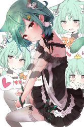 Rule 34 | 1girl, absurdres, ahoge, animal ear fluff, animal ears, bird, black dress, blue hair, blush, bow, cat ears, chick, choker, cuffs, dress, ear piercing, ear ribbon, earrings, eureka 814, frilled straps, frilled thighhighs, frills, garter straps, ghost earrings, gothic lolita, gradient hair, green hair, hair ornament, handcuffs, heart, highres, hololive, jewelry, lace, lace choker, lolita fashion, looking at viewer, low twintails, medium hair, multicolored hair, multiple views, off-shoulder dress, off shoulder, piercing, piyoko (uruha rushia), pom pom (clothes), pom pom hair ornament, red eyes, see-through, see-through sleeves, short sleeves, short twintails, speech bubble, thighhighs, twintails, uruha rushia, uruha rushia (3rd costume), virtual youtuber, white thighhighs
