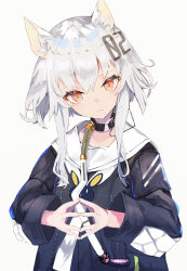 Rule 34 | 1girl, :&lt;, animal ears, black hair, black jacket, closed mouth, collar, fingers together, grey background, jacket, long sleeves, multicolored hair, orange eyes, original, sailor collar, shiromiso, short hair with long locks, simple background, solo, upper body, white hair, white neckwear, white sailor collar