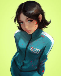 Rule 34 | 1girl, arms behind back, black hair, blood, blood on clothes, blood splatter, freckles, green background, green jacket, highres, jacket, ji yeong, long sleeves, looking at viewer, pants, ross tran, short hair, simple background, solo, squid game, track jacket, track pants, track suit