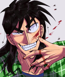 Rule 34 | 1boy, black eyes, black hair, blood, blood on face, commentary request, facial scar, fingernails, green shirt, grey background, grin, highres, itou kaiji, kaiji, long hair, looking at viewer, male focus, medium bangs, open clothes, open shirt, plaid, plaid shirt, pointy nose, sanpaku, satou (ultrmngrtsrt), scar, scar on cheek, scar on face, scar on hand, shirt, simple background, smile, solo, uneven eyes, upper body