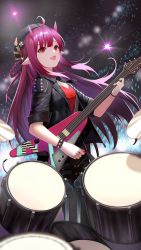 Rule 34 | 1girl, :d, ahoge, ambience synesthesia, arknights, black headwear, black jacket, breasts, chinese commentary, cigarette p, commentary request, concert, drum, drum set, electric guitar, fang, guitar, hat, highres, holding, holding instrument, horns, instrument, jacket, long hair, looking away, music, official alternate costume, open clothes, open jacket, open mouth, playing instrument, pointy ears, red eyes, red hair, short sleeves, sleeves rolled up, small breasts, smile, studded bracelet, tail, very long hair, vigna (arknights), vigna (black wave) (arknights)