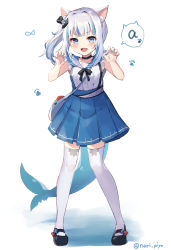 Rule 34 | 1girl, :d, a (phrase), absurdres, animal ears, bag, black footwear, blue eyes, blue hair, blue nails, blush, cat ears, claw pose, fins, fish tail, full body, gawr gura, gawr gura (casual), handbag, highres, hololive, hololive english, multicolored hair, nail polish, open mouth, piyoyanagi, pleated skirt, shark tail, sharp teeth, shoulder bag, side ponytail, silver hair, simple background, skirt, smile, solo, standing, streaked hair, tail, teeth, thighhighs, twitter username, virtual youtuber, white background, white thighhighs