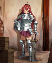 Rule 34 | 1girl, ahoge, armor, black hairband, blush, breastplate, brick wall, closed eyes, closed mouth, eris greyrat, full body, gauntlets, greaves, hairband, helm, helmet, highres, holding, holding helmet, holding sword, holding weapon, long hair, mushoku tensei, plate armor, rappenem, red hair, red skirt, shoulder armor, skirt, smile, solo, sword, thick eyebrows, weapon, wooden box