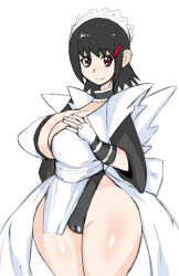 Rule 34 | 1girl, :&gt;, apron, black eyes, black hair, blush, breasts, cameltoe, cleavage, cleft of venus, curvy, flipped hair, hair ornament, hairclip, hand on own chest, highleg, highleg leotard, iroha (samurai spirits), large breasts, leotard, leotard under clothes, looking at viewer, maid, maid headdress, miyawoo, revealing clothes, samurai spirits, shiny skin, short hair, simple background, solo, standing, thong leotard, white background, wide hips