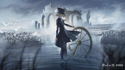 Rule 34 | 1girl, arch, ascot, bird, black coat, black footwear, black hat, black pants, black vest, blue bow, blurry, blurry foreground, boater hat, boots, bow, closed mouth, coat, collared shirt, copyright name, dress shirt, fog, from side, full body, grass, grey eyes, grey hair, hair bun, hat, hat bow, highres, knee boots, lake, logo, looking at viewer, looking to the side, outdoors, overcast, pants, pants tucked in, reeds, reflection, reverse:1999, ruins, shirt, short hair, sidelighting, single side bun, sky, solo, spinning wheel, standing, tmt, vertin (reverse:1999), vest, wading, waistcoat, water, white ascot, white shirt