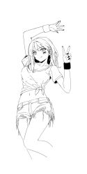 Rule 34 | 1girl, closed mouth, fingernails, greyscale, hands up, long hair, looking at viewer, midriff, monochrome, nail polish, navel, original, shirt, short shorts, short sleeves, shorts, simple background, siun, smile, solo, tied shirt, v, white background, wristband