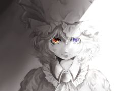 Rule 34 | 1girl, ascot, bad id, bad pixiv id, brooch, hat, hat ribbon, heterochromia, jewelry, looking at viewer, mob cap, monochrome, portrait, remilia scarlet, ribbon, solo, spot color, tohya, touhou, touya (tottoo-to), upper body