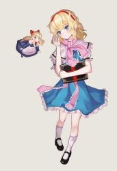 Rule 34 | 1girl, alice margatroid, apron, arm up, black footwear, blonde hair, blue dress, blue eyes, blush, book, bow, capelet, contrapposto, dress, frilled skirt, frills, full body, grey background, hair bow, hairband, hand in own hair, head tilt, highres, holding, holding book, kneehighs, long hair, looking at viewer, maachi (fsam4547), neck ribbon, pink ribbon, puffy short sleeves, puffy sleeves, ribbon, sash, shanghai doll, short hair, short sleeves, simple background, skirt, smile, socks, solo, standing, touhou, waist apron, white capelet, white socks