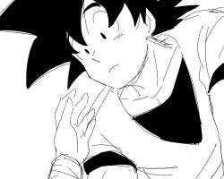 Rule 34 | 1boy, 1girl, black eyes, black hair, chi-chi (dragon ball), couple, dougi, dragon ball, expressionless, greyscale, looking at another, looking down, miiko (drops7), monochrome, out of frame, reaching, solo focus, son goku, wristband