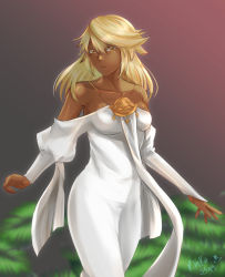 Rule 34 | 1girl, bare shoulders, blonde hair, breasts, collarbone, commentary, cosplay, dark-skinned female, dark skin, dress, english commentary, fire emblem, guilty gear, hair between eyes, highres, long dress, long sleeves, medium breasts, nintendo, off-shoulder dress, off shoulder, orange eyes, ramlethal valentine, rhea (fire emblem), rhea (fire emblem) (cosplay), rinku bny, signature, solo, white dress