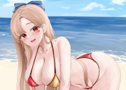 1girl ass bare_arms bare_shoulders beach benedia bent_over bikini blonde_hair bow breasts cleavage collarbone facial_mark hair_bow halterneck highres large_breasts long_hair looking_at_viewer navel o-ring o-ring_bikini open_mouth original outdoors parted_bangs red_bikini red_eyes smile solo star_(symbol) stomach string_bikini swimsuit two-tone_bikini very_long_hair water wet yellow_bikini