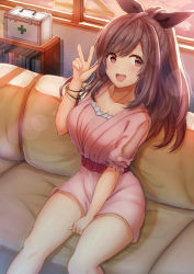 Rule 34 | 1girl, :d, aiban, blush, bookshelf, bracelet, breasts, brown hair, cleavage, collarbone, couch, dress, first aid kit, frill trim, frills, hair ribbon, high ponytail, highres, idolmaster, idolmaster shiny colors, indoors, jewelry, lace, large breasts, long hair, looking at viewer, open mouth, pink dress, pink eyes, ribbon, shelf, short sleeves, sidelocks, sitting, smile, solo, sunlight, sunset, thighs, tsukioka kogane, upper body, v, window, | |