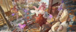 Rule 34 | 3girls, animal ears, floppy ears, fox ears, genshin impact, highres, holding, japanese clothes, long hair, looking at viewer, magic, multiple girls, nontraditional miko, pink hair, purple eyes, red skirt, sandals, scenery, skirt, socks, solo focus, tail, water, waterfall, wboss, wide sleeves, yae miko, zouri