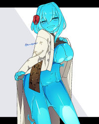 Rule 34 | 1girl, :d, akira (meltyhip), black shirt, blue eyes, blue hair, blue sclera, blue skin, blush, bow, breasts, clothes lift, coat, colored sclera, colored skin, commission, hair between eyes, hair bow, hand up, highres, large breasts, looking at viewer, medium hair, monster girl, navel, open clothes, open coat, open mouth, original, red bow, shirt, shirt lift, skeb commission, slime girl, smile, solo, standing