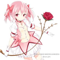Rule 34 | 10s, 1girl, bad id, bad pixiv id, bow, dress, flower, gloves, hair bow, jewelry, kaname madoka, magical girl, mahou shoujo madoka magica, mahou shoujo madoka magica (anime), necklace, pink dress, pink eyes, pink hair, pink skirt, rose, skirt, smile, soburi, solo, twintails, white gloves