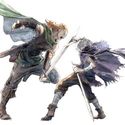 2boys asymmetrical_dual_wielding battle boots brown_boots cape cloak commentary darius_(octopath_traveler) dual_wielding english_commentary green_cape highres holding holding_sword holding_weapon male_focus multiple_boys octopath_traveler octopath_traveler_i open_mouth orange_hair purple_cloak qqqqqli short_hair simple_background sword therion_(octopath_traveler) v-shaped_eyebrows weapon white_background white_hair