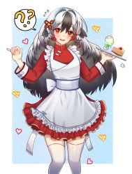 Rule 34 | 1girl, apron, arknights, bird girl, black hair, blush, cake, cup, drink, food, highres, holding, holding plate, long hair, looking at viewer, maid, maid apron, maid headdress, multicolored hair, open mouth, plate, raoul (raoul77), ribbon, silver hair, skirt, smile, snowsant (arknights), solo, thighhighs, white thighhighs