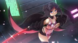 Rule 34 | 1girl, azki (2nd costume) (hololive), azki (hololive), black hair, black jacket, black shorts, blush, breasts, building, commentary request, dress, highres, holding, holding sword, holding weapon, hololive, jacket, katana, looking at viewer, mizunashi (second run), multicolored hair, navel, night, off shoulder, open clothes, open jacket, outdoors, parted lips, pelvic curtain, pink dress, purple eyes, red hair, see-through, short shorts, shorts, sleeveless, sleeveless dress, small breasts, solo, streaked hair, sword, virtual youtuber, weapon
