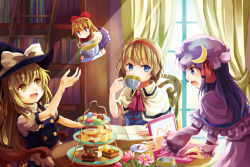 Rule 34 | 3girls, alice margatroid, ascot, black dress, blonde hair, blue dress, blue eyes, book, bookshelf, bow, cake, capelet, chair, cookie, crescent, cup, curtains, dress, drinking, flower, flying, food, hair bow, hairband, hat, indoors, kirisame marisa, long hair, long sleeves, macaron, multiple girls, niichi (komorebi-palette), open mouth, patchouli knowledge, puffy sleeves, purple dress, purple eyes, purple hair, shanghai doll, short sleeves, sitting, smile, table, teacup, tiered serving stand, tiered tray, touhou, tray, very long hair, wide sleeves, window, witch hat, yellow eyes