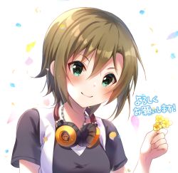 Rule 34 | 1girl, black shirt, blush, brown hair, chain, closed mouth, flower, green eyes, hair between eyes, headphones, headphones around neck, holding, holding flower, idolmaster, idolmaster cinderella girls, idolmaster cinderella girls starlight stage, jewelry, necklace, rocomani, shirt, short hair, short sleeves, smile, solo, tada riina, upper body, white background, yellow flower