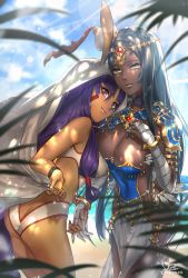 Rule 34 | 1girl, absurdres, ass, beach, black hair, breasts, bridal gauntlets, butt crack, cleavage, commentary request, dark-skinned female, dark skin, facial mark, fate/grand order, fate (series), green eyes, highres, holding hands, hutagi rouka, jewelry, large breasts, looking at viewer, nitocris (fate), nitocris (fate/grand order), nitocris (swimsuit assassin) (fate), nitocris (swimsuit assassin) (second ascension) (fate), one-piece swimsuit, purple eyes, purple hair, ring, scheherazade (fate), smile, solo, swimsuit