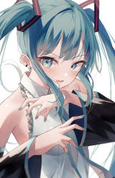Rule 34 | 1girl, 200f (nifu), absurdres, annoyed, arms up, bare shoulders, blue eyes, blue hair, blush, collared shirt, detached sleeves, ear piercing, earrings, hair ornament, hatsune miku, highres, jewelry, lace trim, long hair, long sleeves, looking at viewer, nail polish, narrowed eyes, necktie, open mouth, piercing, shirt, sleeveless, sleeveless shirt, sleeves past wrists, solo, sweat, sweatdrop, twintails, very long hair, vocaloid