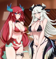 Rule 34 | 2girls, absurdres, bare shoulders, bikini, black bikini, blush, breasts, chamber dragonmaid, cleavage, closed mouth, collarbone, commentary, cowboy shot, detached collar, dragonmaid (yu-gi-oh!), duel monster, green horns, highres, horns, indoors, kitchen dragonmaid, looking at viewer, multiple girls, navel, red bikini, sidelocks, standing, stomach, swimsuit, synchroman, thigh strap, yu-gi-oh!