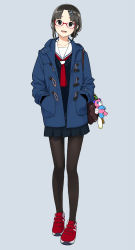 Rule 34 | 1girl, :d, badge, bag, black eyes, black pantyhose, blue background, blue coat, brown hair, button badge, coat, collarbone, full body, glasses, hair ornament, hairclip, hands in pockets, head tilt, highres, long sleeves, looking at viewer, morifumi, neckerchief, open clothes, open coat, open mouth, original, pantyhose, parted bangs, pleated skirt, red-framed eyewear, school bag, school uniform, semi-rimless eyewear, serafuku, shoes, simple background, skirt, smile, solo, standing, stuffed animal, stuffed toy, teddy bear, under-rim eyewear, x hair ornament