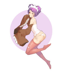Rule 34 | 1girl, ass, bare shoulders, blush, bug girl, closed mouth, detached sleeves, double bun, entoma vasilissa zeta, full body, hair bun, highres, legs, looking at viewer, maid headdress, monster girl, one eye closed, overlord (maruyama), panties, pink thighhighs, purple background, red eyes, sleeves past wrists, smile, solo, thighhighs, two-tone background, underwear, white background, white panties, wink, zhangyushao