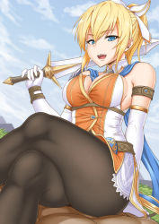 Rule 34 | 1girl, belt, belt buckle, black pantyhose, blonde hair, blue eyes, blue scarf, breasts, brown pantyhose, buckle, cassandra alexandra, cleavage, cleavage cutout, clothing cutout, commentary request, detached collar, dress, elbow gloves, gloves, hair ribbon, high heels, highres, looking at viewer, medium breasts, multicolored clothes, multicolored dress, open mouth, pantyhose, ponytail, ribbon, scarf, short sword, sideboob, sitting, sitting on person, smile, soul calibur, soulcalibur, soulcalibur vi, sword, weapon, yasojima nejiro