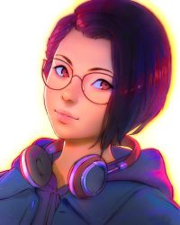 Rule 34 | 1girl, absurdres, alex chen, black hair, brown eyes, commission, dutch angle, glasses, headphones, headphones around neck, highres, hood, hoodie, ilya kuvshinov, life is strange, life is strange: true colors, lips, looking at viewer, portrait, second-party source, short hair, solo, white background