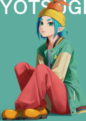 Rule 34 | 1girl, absurdres, aqua hair, character name, commentary, googly eyes, green background, green eyes, green jacket, highres, jacket, letterman jacket, looking at viewer, monogatari (series), nemo ringo, ononoki yotsugi, orange footwear, pants, pointy ears, red pants, short hair, solo, symbol-only commentary